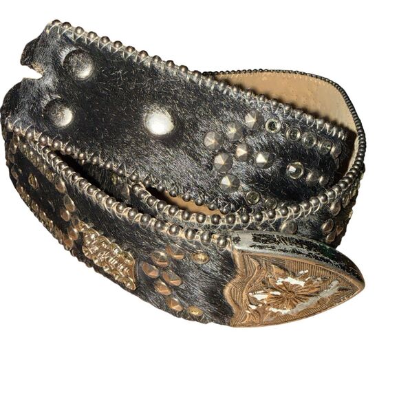 BB Simon Crystal Beaded Studded Western Black Leather Belt Sz L 32-38” Pony Hair main image 5